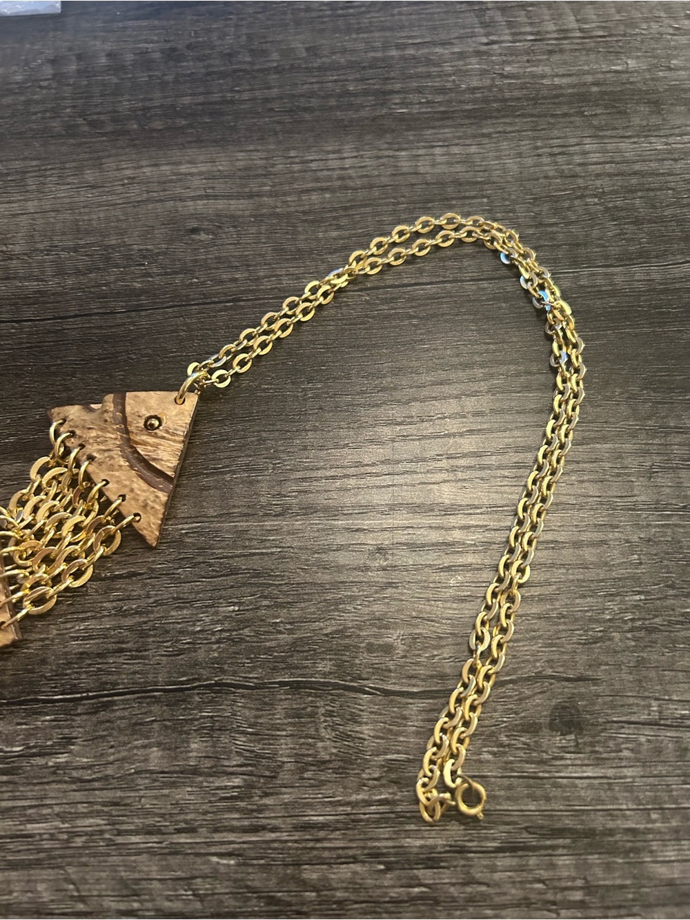 Vintage Leather Fish Pendant Necklace in Gold and Brown - Picture 4 of 4